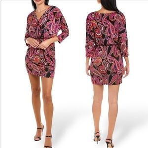 Trina Turk Pink and Black Paisley 3/4 Sleeve V- Neck Mini Dress XL